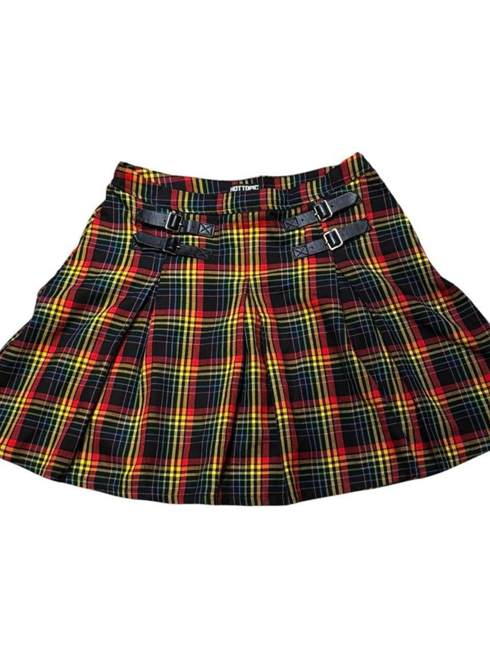 Hot Topic Red Yellow Black Tartan Pleated Mini Skirt with Buckles